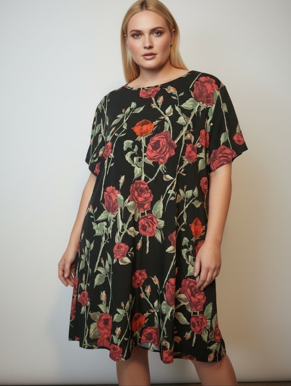 Black Floral Rose Short Sleeve Dress